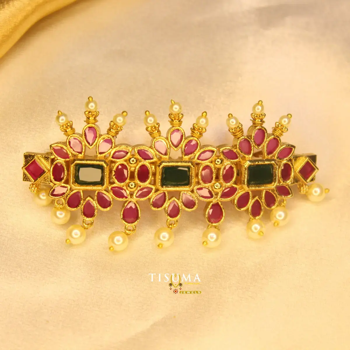 Traditional Antique Gold Plated South Indian Floral Motif Kemp Stone Hair Barrette Clip with Pearl Droplets for Women